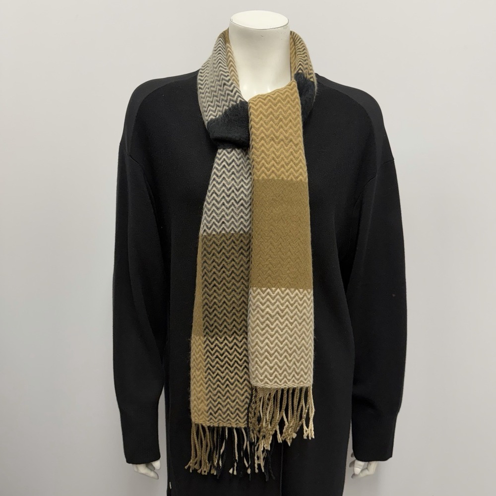 Unisex 100% Cashmere Scarf Herringbone Pattern Beige Brown Black 11 3/4" x 70"